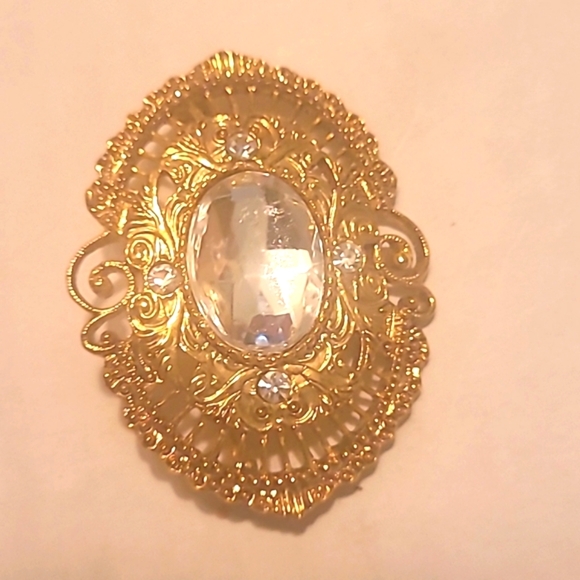 Brooch 80s Vintage Gold Plated with Large Clear middle stone - Picture 1 of 2